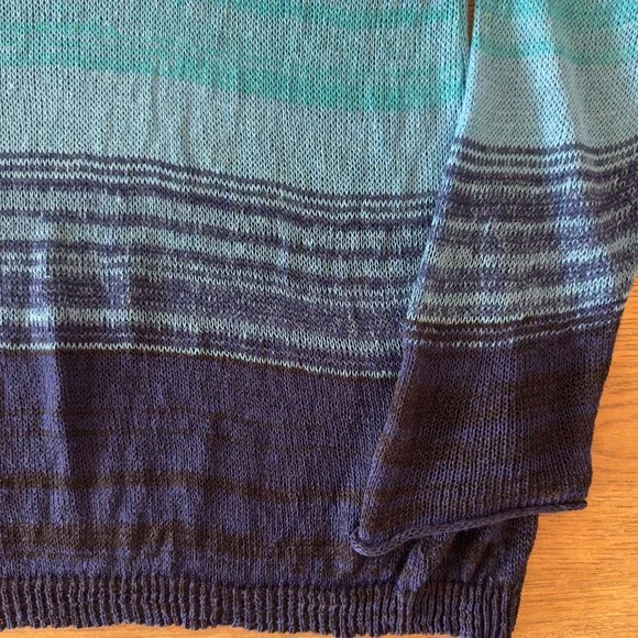 J.JILL 100% Linen‎ Open Knit Blue/Aqua Ombre Tunic-V-neck Tassels-Size M - Picture 5 of 16